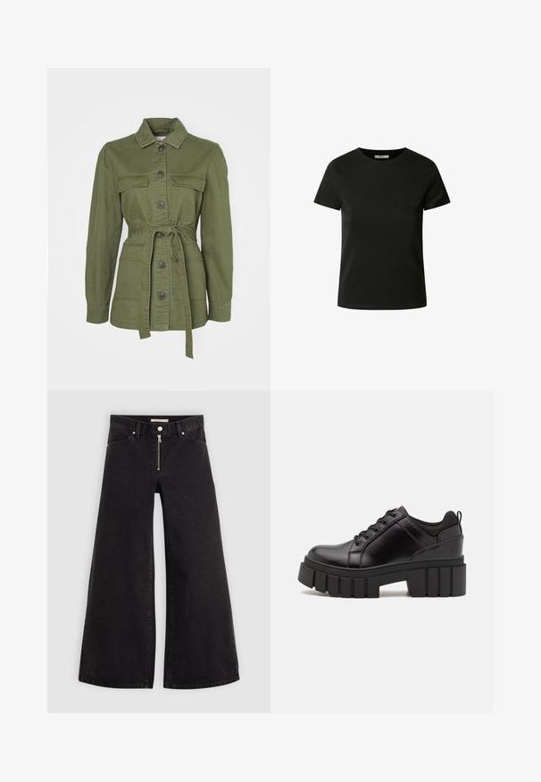 Olive green, belted jacket made of cotton denim. Features a collar, button closure, two front pockets, and long sleeves with cuffs.; Black short-sleeve t-shirt made of soft fabric. Features a crew neckline and subtle embroidered logo on the chest.; Wide-leg jeans in black denim with a zippered front, five-pocket design, and subtle stitching details. Smooth texture and casual style.; Black leather platform shoes with a chunky block heel, round toe, and traditional lace-up design. Features smooth texture and minimal detailing.