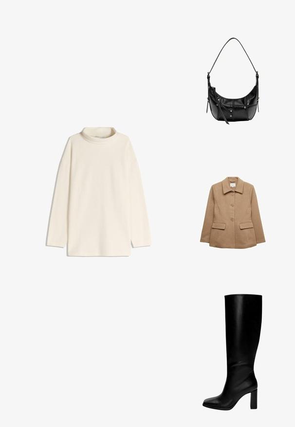 Tan wollen blend jas met een kraaghals, voorste knoopsluiting en twee zijzakken. Glad textuur met een subtiele afwerking.; Crèmekleurige coltrui met lange mouwen, een relaxte pasvorm en zijsplitten aan de onderkant. Gemaakt van zachte, textuurrijke stof.; Zwarte leren laarzen tot de knie met een vierkante neus en een stevige hak. Glad textuur, aansluitend ontwerp en geen zichtbare hardware of patronen.; Zwarte leren schoudertas met een gebogen vorm, uitgerust met zilveren studs en stiksel details. Verstelbare band voor veelzijdigheid.