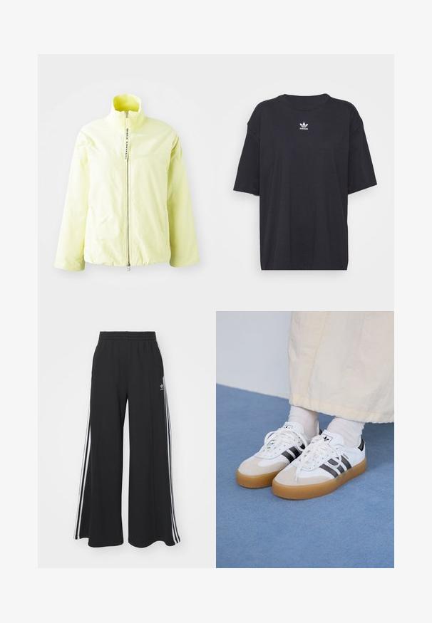 Jachetă zip-up de un galben deschis, cu guler înalt, gât ribbed și un design minimalist. Are un fermoar central și fără modele vizibile.; Tricou din bumbac negru cu mâneci scurte, gât rotund, prezentând un logo Adidas alb pe piept. Design simplu, croi lejer.; Pantaloni de trening negri cu croială largă, prevăzuți cu un brâu elastic, având dungi laterale albe și un logo brodat pe coapsa stângă.; Adidași albi cu dungi negre și accente din suede bej. Au talpă din cauciuc texturat și șireturi albe plate, purtați cu șosete de culori deschise.