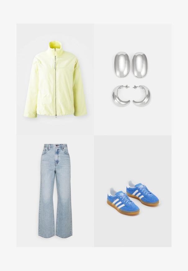 Light yellow zip-up jacket with a high collar, ribbed neck, and minimalistic design. Features a central zipper and no visible patterns.; Black ribbed cropped top with a round neckline and sleeveless design. Made from a stretchy, textured fabric. Label reads "Urban Classics."; Light blue denim wide-leg jeans featuring a high waist, classic five-pocket design, and contrasting stitching. Raw hem detail at the bottom.; Blue suede sports shoes with white striped accents, rubber sole, and padded collar for comfort. Features classic lace-up design.; Silver-colored earrings set: two oval studs and two crescent-shaped hoops, featuring a glossy, smooth finish and a rounded design.