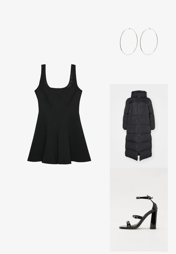Zwarte donsjas met een capuchon, voorzien van een voorrits en gestikte secties voor isolatie. Knielange ontwerp. Soepele buitenkant.; Zwarte mouwloze jurk met een ronde halslijn. Uitlopende A-lijn silhouet, gemaakt van gladdere stof, met een verborgen rits aan de achterkant.; Zwarte gepatenteerde sandalen met hak en een vierkante neus, enkelbandjes en zilveren gespen. Heeft een stevige blokhak voor stabiliteit.; Zwarte lederen schoudertas met een ronde vorm, glanzende afwerking en zilverkleurige hardware. Persoon in zwarte wijde broek en gestifte loafers.; Zilveren oorbellen in een gladde, ronde vorm met een gepolijste afwerking. Ze zijn dun en lichtgewicht, met een eenvoudige haaksluiting.