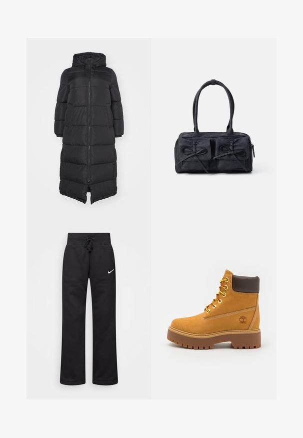 Svart boblejakke med hette, med frontglidelås og quiltede seksjoner for isolasjon. Lengde til knærne. Glatt yttertekstur.; Svart kortermet genser med høy krage, halvdirkjenning, ribbede mansjetter og en liten hvit Nike-logo på venstre bryst. Myk stofftekstur.; Sorte joggebukser laget av en bomullsblanding, med strikk i midjen, rette ben, og en hvit Nike-logo på venstre side.; Tan vanntette ankelstøvler med en solid gummisåle, rund tå, brun lærkrage, gule snøresystemer og en logo på siden.; Svart stoff håndveske med to frontlommer med sløyfe detaljer, doble håndtak og glidelås. Myk tekstur og rektangulær form.