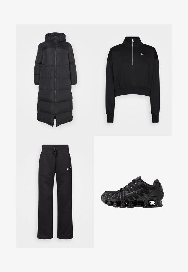 Schwarze Pufferjacke mit Kapuze, ausgestattet mit einem frontalen Reißverschluss und gesteppten Abschnitten für Isolierung. Knielanges Design. Glatte Außenstruktur.; Schwarzer, kurzer Sweatshirt mit hohem Kragen, halbem Reißverschluss, gerippten Bündchen und kleinem weißen Nike-Logo auf der linken Brust. Weicher Stoff.; Schwarze Sweatpants aus einem Baumwollmix, mit einem Kordelzugbund, geraden Beinen und einem weißen Nike-Logo auf der linken Seite.; Schwarzer Sportschuh mit Mesh-Obermaterial und glänzenden Überzügen. Verfügt über eine geschwungene Spiraldämpfung und strukturierte Linien an der Seite. Nike-Logo sichtbar.