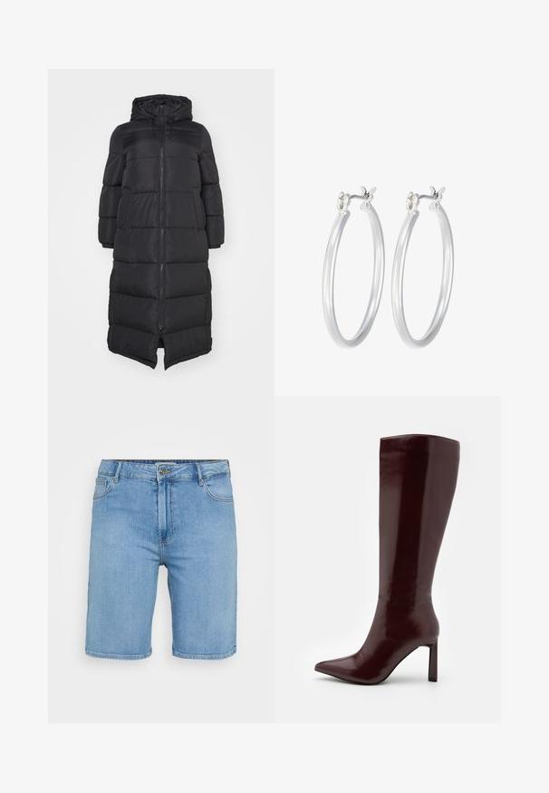 Black puffer coat with a hood, featuring a front zipper and quilted sections for insulation. Knee-length design. Smooth outer texture.; Light blue denim shirt with short sleeves, featuring two front pockets and embellished with small silver studs throughout.; Light blue denim shorts with a classic cut, featuring a front button closure, belt loops, and two side pockets. Smooth texture and straight hem.; Even&Odd Boots - dark red; Silver hoop earrings with a smooth, polished finish. Round shape and secure click-top closure. Lightweight design suitable for everyday wear.