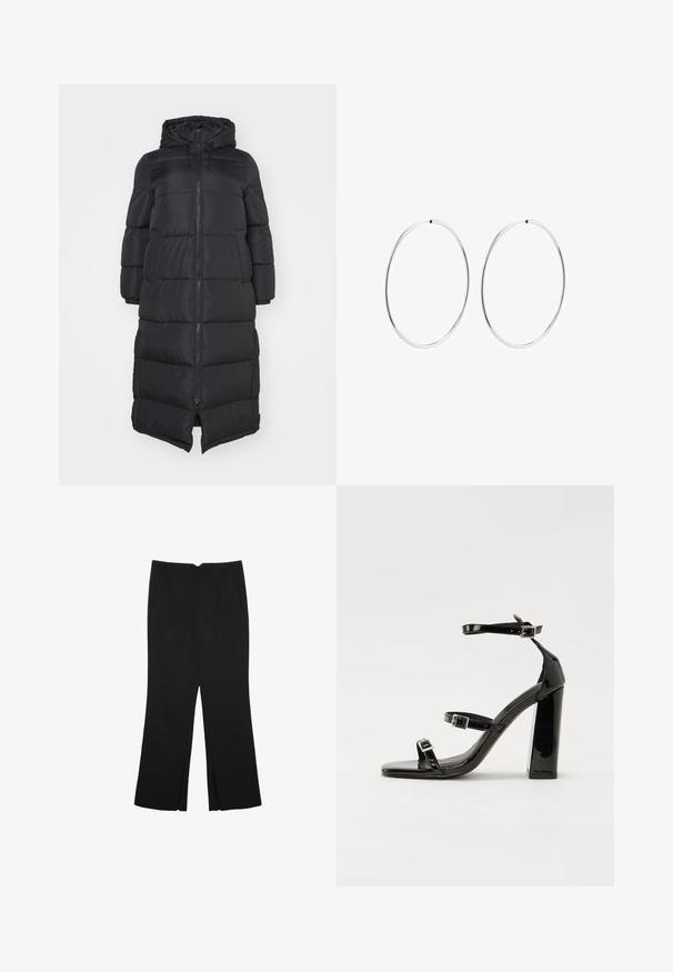 Mustapuffatakki hupulla, jossa on edessä vetskari ja tikatut osiot eristyksen takaamiseksi. Polvipituinen muotoilu. Sileä ulkopinta.; Musta lyhythihainen paita, joka on valmistettu sileästä kankaasta; siinä on laskeutuva kaula-aukko ja epäsymmetrinen helma, sekä istuva malli.; Mustat housut suoralinjaisella leikkauksella, joissa on etutaskut ja sivurei'ät helman alla. Valmistettu pehmeästä ja sileästä kankaasta. Sopii eri tilaisuuksiin.; Musta kiiltävä korkokenkä sandaalit neliönmuotoisella varpaalla, nilkkaremmillä ja hopeisilla soljilla. Varustettu tukevalla lohkokorkealla vakauden takaamiseksi.; Hope hopeita hopeita, joissa on sileä, pyöreä muoto ja kiiltävä pinta. Ne ovat ohuita ja kevyitä, ja niissä on yksinkertainen lukitus.