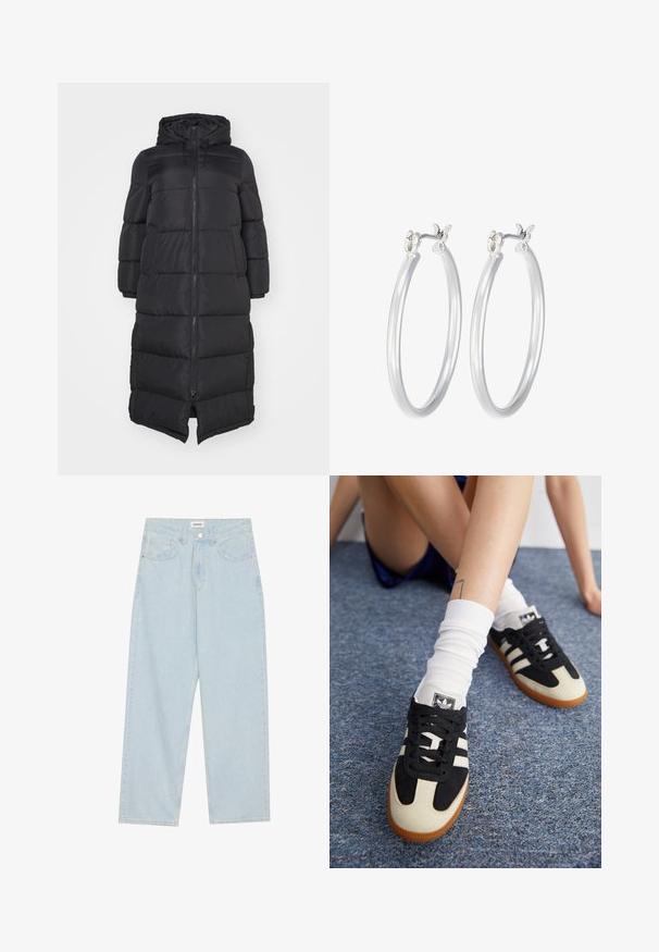 Abrigo de plumas negro con capucha, que cuenta con una cremallera frontal y secciones acolchadas para aislamiento. Diseño hasta la rodilla. Textura exterior suave.; Top de manga larga blanco con cuello redondo. Fabricado en una tela elástica que se ajusta al cuerpo. Presenta sutiles líneas horizontales.; Jeans de mezclilla de pierna ancha en azul claro, con una cintura de altura media, cinco bolsillos y un cierre de botón con un acabado metálico delgado.; Zapatillas deportivas en blanco y negro con parte superior de ante y cuero, que presentan tres rayas blancas y una suela de goma. Par usado con calcetines blancos.; Pendientes de aro de plata con un acabado liso y pulido. Forma redonda y cierre de click seguro. Diseño ligero adecuado para el uso diario.