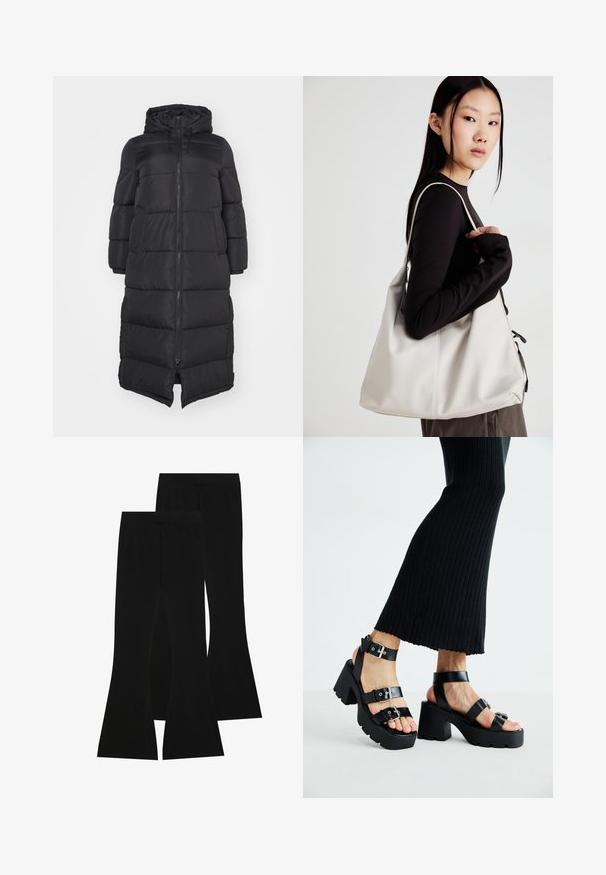 Melnā pūkaina jaka ar kapuci, ar priekšējo rāvējslēdzēju un izšūtām sekcijām izolācijai. Ceļa garuma dizains. Gluda ārējā virsma.; Divas garām piedurknēm krekli: viens melns un viens balts. Abiem ir apaļa izgriezne, raglanu piedurknes un mīksta kokvilnas maisījuma audums.; Melni platie bikses, izgatavotas no elastīgas auduma, ar augstu vidukli un gludu tekstūru, ar pieguļošu dizainu, kas paplašinās no ceļa.; Melnas platforma siksnas ar masīviem, zolei ar iegriezumiem un daudzām siksnām, kurām ir metāla sprādzes un gluda ādas līdzīga tekstūra.; Bežs rokassoma, izgatavota no mīksta materiāla, ar brīvu dizainu, izšūtu apdari un divām plecu siksnām. Piemērota ikdienas lietošanai.