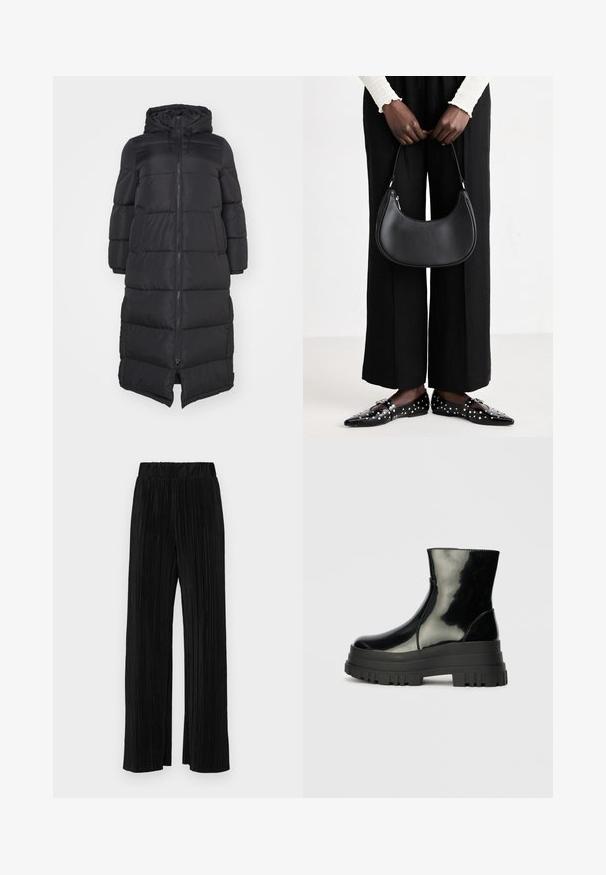 Schwarze Pufferjacke mit Kapuze, ausgestattet mit einem frontalen Reißverschluss und gesteppten Abschnitten für Isolierung. Knielanges Design. Glatte Außenstruktur.; Schwarzes Off-Shoulder-Oberteil mit geraffter Textur am Ausschnitt, kurzen Ärmeln und einem figurnahen, cropped Design. Hergestellt aus dehnbarem Material.; Schwarze plissierte Hose mit elastischem Bund. Verfügt über weite Hosenbeine und einen glatten, strukturierten Stoff mit vertikalen Streifen.; Schwarze, glänzende Knöchelstiefel mit dickem Profilsohle und abgerundeter Zehenform, Seitenansicht vor einem schlichten, hellgrauen Hintergrund.; Schwarze Leder-Schultertasche mit runder Form, glänzender Oberfläche und silbernem Beschlag. Person trägt schwarze weit geschnittene Hosen und Nieten-Loafers.