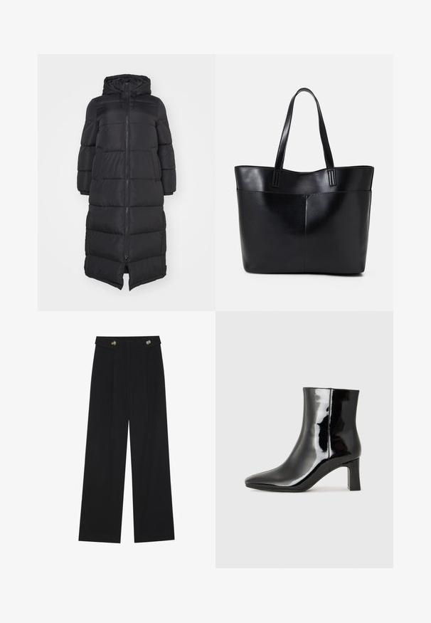 Schwarze Pufferjacke mit Kapuze, ausgestattet mit einem frontalen Reißverschluss und gesteppten Abschnitten für Isolierung. Knielanges Design. Glatte Außenstruktur.; Schwarz langärmliges Oberteil mit ausgestellt geschnittenen Bündchen, weicher Textur und entspannter Passform, mit einem schlichten runden Halsausschnitt.; Schwarze weite Hosen mit hoher Taille, Knopfdetails am Bund und vorderen Falten.; Schwarzer Lackleder-Stiefelette mit spitzer Zehe und einem mittelhohen Blockabsatz. Glatte Textur und minimalistisches Design.; Schwarze Leder-Shopper-Tasche mit zwei langen Griffen, einer glatten Textur und einer strukturierten Form. Verfügt über eine Vordertasche für zusätzlichen Stauraum.