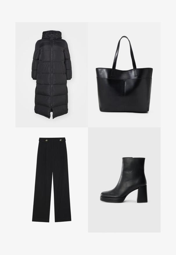 Zwarte donsjas met een capuchon, voorzien van een voorrits en gestikte secties voor isolatie. Knielange ontwerp. Soepele buitenkant.; Zwarte top met korte, doorschijnende, gerafelde mouwen, ronde hals en een zachte, gladde stof. Eenvoudig ontwerp zonder extra patronen of accenten.; Zwarte wijde broek met hoge taille, knoopdetails op de tailleband en plooien aan de voorkant.; Zwarte leren enkelboot met een blokhak en platformzool, zijaanzicht op een effen witte achtergrond.; Zwarte leren tote bag met twee lange handvatten, een zachte textuur en een gestructureerde vorm. Voorzien van een voorvak voor extra opslagruimte.