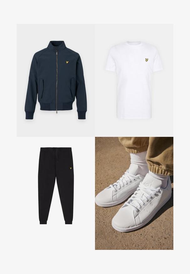 Giacca blu navy con colletto alto, chiusura a zip, tasche laterali, polsini a coste e un piccolo logo di un uccellino giallo sul petto a sinistra. Texture liscia.; T-shirt bianca in cotone con un piccolo logo ricamato nero e giallo sul lato sinistro del petto. Maniche corte e scollatura rotonda.; Pantaloni jogger neri con vita elasticizzata e coulisse, gambe affusolate con polsini e piccolo logo giallo ricamato sulla coscia destra.; Sneakers bianchi in pelle con superficie liscia, caratterizzati da un classico design con lacci, perforazioni per la traspirabilità e una suola in gomma testurizzata.