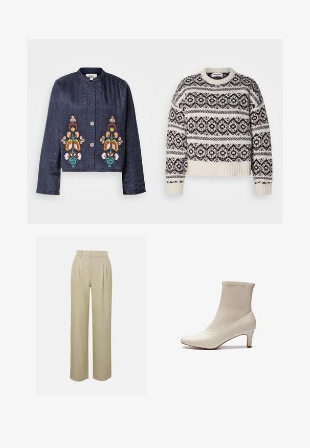 Tamsiai mėlynas siuvinėtas paltas su gėlių siuvinėjimu oranžinės, geltonos ir žalios spalvų. Jis turi apvalų apykaklę ir priekinį sagų užsegimą.; Megztinis kreminės ir tamsiai rudos spalvos. Yra geometrinis raštas, išsikišusi apykaklė ir kraštai, ilgos rankovės ir trumpas kirpimas.; Smėlio spalvos plačios kelnės, pagamintos iš lygaus audinio, su priekinių raukšlelių, pritaikyta juosmens ir šoninėmis kišenėmis. Tvarkingai apdirbtas apvadas.; Baltas kulkšninis botas, pagamintas iš lygaus odo, su smailiu nosiu ir trumpu, siaurėjančiu kulniuku. Išsiskiria minimalistiniu dizainu ir vientisu viršumi.