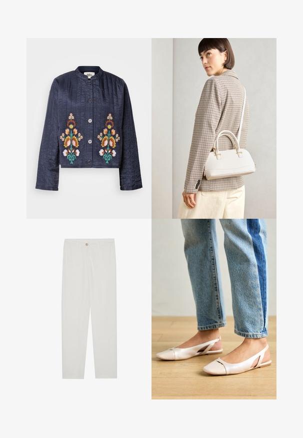 Tamsiai mėlynas siuvinėtas paltas su gėlių siuvinėjimu oranžinės, geltonos ir žalios spalvų. Jis turi apvalų apykaklę ir priekinį sagų užsegimą.; Balta trumpa rankovė T-marškiniai, pagaminti iš minkštos medvilnės. Charakterizuojami apvali kaklo iškirpte ir laisvu siluetu. Švarus dizainas be matomų raštų ar akcentų.; Baltos, pritaikytos kelnės su tiesaus kirpimo dizainu, su sagčių uždarymu, dirželių kilpomis ir šoninėmis kišenėmis; lygus audinio tekstūros.; Šviesiai rožiniai slingback baleto bateliai su smailiu pirštu, pagaminti iš lygios odai panašios medžiagos. Yra išpjovimų detalės šonuose ir plokščias kulnas.; Balta struktūruota rankinė su trumpomis rankenomis ir peties diržu, su auksinėmis detalėmis ir tekstūruota medžiaga, pastatyta prieš pilką foną.