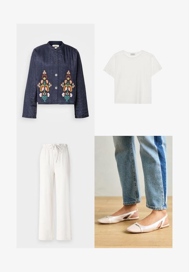 Tumed kokku õmmeldud jakk, millel on oranž, kollane ja roheline lilleline tikand. Jakil on ümmargune kaelus ja eesnupud.; Valge lühikeste varrukatega t-särk, mis on valmistatud pehmest puuvillast. Omab ümmargust kaelust ja mugavat lõiget. Puhtad jooned, ilma nähtavate mustrite või aktsentideta.; Valged laiad püksid, mis on valmistatud pehmest kangast, nööriga vöökohaga ja siledast tekstuurist. Muster ega kaunistused pole nähtavad.; Kahvatu roosa slingback lapikute jalatsite paar, millel on terav varvas, valmistatud siledast nahataolisest materjalist. Omab külgedel lõikekohti ja lapikut kontsa.