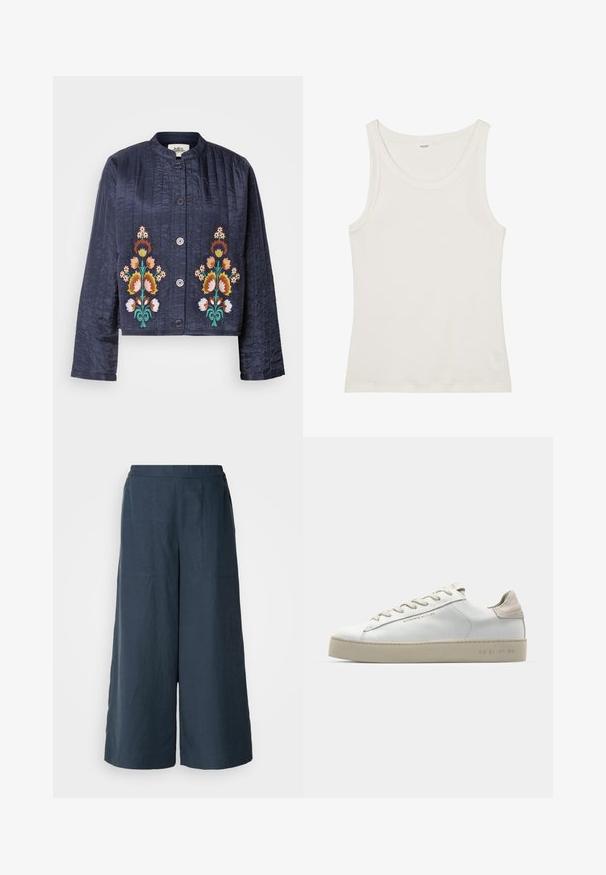 Tengerészkék, steppelt dzseki virágos hímzéssel narancssárgában, sárgában és zöldben. Kerek gallérjával és elülső gombos záródásával rendelkezik.; Fehér pamut ujjatlan felső széles nyakkivágással és vékony pántokkal. Sima felület, látható minták vagy díszítések nélkül.; Sötétkék, bőszárú nadrág könnyű anyagból. Enyhén texturált felülettel, rugalmas derékkal és elülső varratokkal rendelkezik.; Fehér bőr sportcipő sima felülettel, bézs velúr díszítéssel, kerek orrrésszel, lapos fűzős kivitelben, és mintás gumitalppal.