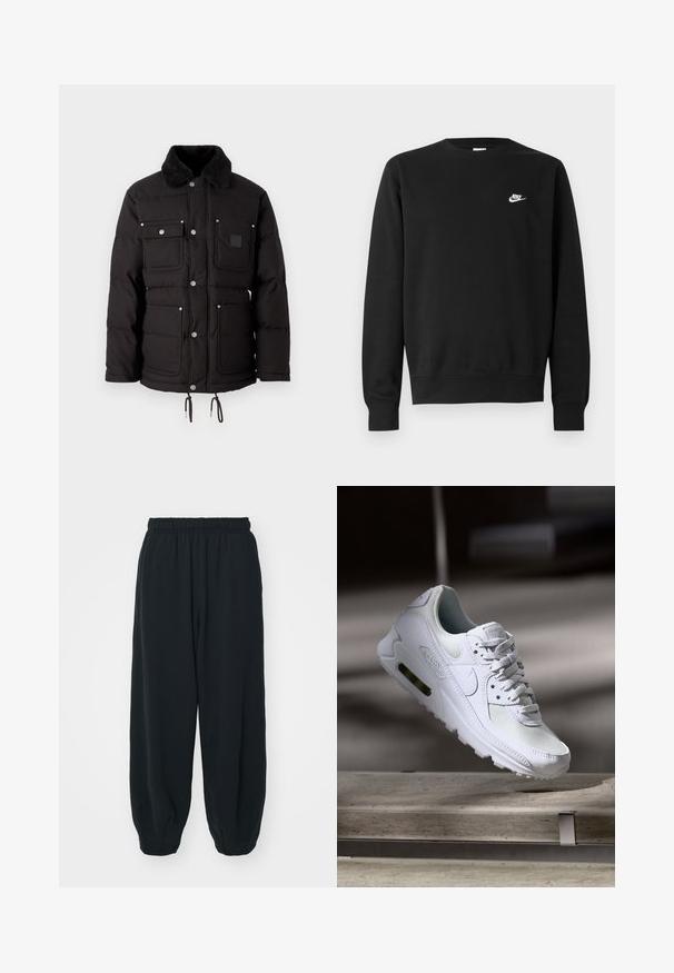 Polsterdatud must jakk, millel on kunstnahast kaelus, mitu esikotti, nupud ja reguleeritav nöör allääres.; Mustast puuvillast dressipluus, millel on ümar kaelus, pikad varrukad ja väike valge Nike logo paremal ülakõhul.; Mustade elastse vöökoha ja laia lõikega dressipüksid, mansetiga sääred, sile tekstuur ning ilma nähtavate mustrite või detailideta.; Valged Nike Air Max 90 sneakers, millel on võrkkangast ja nahast ülemine osa, aukudega varbadosa ning nähtav õhuüksus kandades.