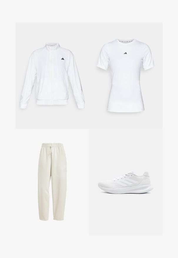 Balts sporta žakets ar stāvām apkaklēm, garām piedurknēm un rāvējslēdzēja priekšpusi. Tam ir melns logo augšējā kreisajā pusē. Gluda tekstūra.; Balts sporta krekls ar īsām piedurknēm, izgatavots no gludas, elastīgas auduma. Uz krūšu ir neliels melns Adidas logo.; Gai bēšas sporta bikses, kas izgatavotas no mīkstas auduma, ar elastīgu jostu un auklu, un ar smalku logotipa akcentu sānos.; Baldas balti sporta apavi, kas izgatavoti no sietveida materiāla, ar elegantu dizainu, apaļu pirkstu, strukturētu papēdi un trim svītrām uz ārējās malas.
