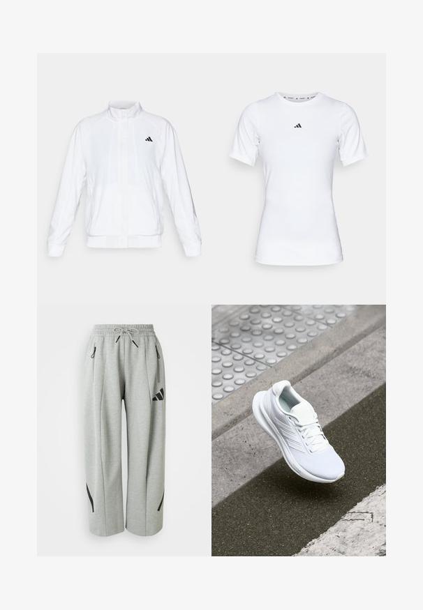 Weiße Sportjacke mit Stehkragen, langen Ärmeln und Reißverschluss vorne. Mit einem schwarzen Logo auf der oberen linken Seite. Glatte Textur.; Weißes Sportshirt mit kurzen Ärmeln, aus glattem, dehnbarem Stoff. Mit kleinem schwarzem Adidas-Logo auf der Brust.; Hellgraue Jogginghose aus weichem Stoff mit einem elastischen Bund, Kordelzug und schwarzen Akzenten an den Taschen und Seiten.; Weiße Sportschuhe mit einem Obermaterial aus Mesh, Schnürdesign und strukturiertem Sohlen. Dezente Branding- und nahtlose Konstruktionsdetails sichtbar.