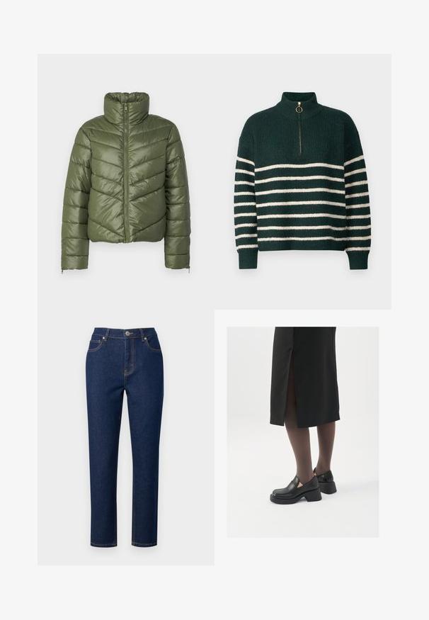 Maslinasto zeleni puffer jakna s visokim ovratnikom, prednjim zatvaračem i chevron šavovima. Ima elastične manžete i skraćeni kroj.; Zeleni pleteni pulover s visokim ovratnikom, okrašen vodoravnimi belimi prugami, četrtno zadrgo z zlatim obročkom ter rebrastimi manšeti.; Tamno plave traperice ravnog kroja, s patentnim zatvaračem, gumbom za zatvaranje i naglašenim šavovima na džepovima i šavovima.; Crne kožne cipele s zaobljenim vrhom, debelim blok petama i elastičnim bočnim detaljima, uparene s tamnim čarapama i crnom suknjom s prorezom.