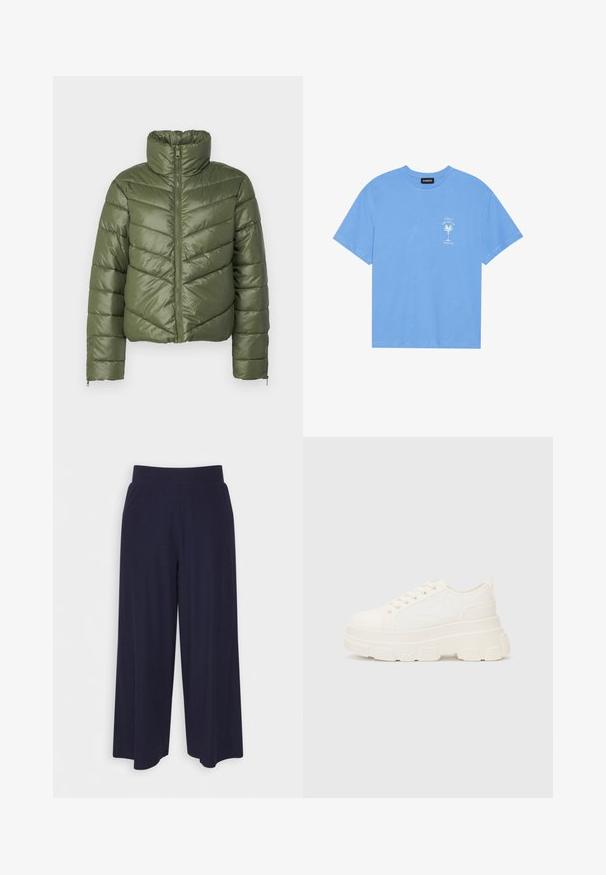 Olive roheline puhv Jacket kõrge kaelusega, eesnep sulgemine ja chevron-tikkimine. Omab elastseid mansette ja lühendatud siluetti.; Heledad sinine puuvillane T-särk ümmarguse kaelusega. Vasakul rinnal on valge palmipuu ja tekst. Lühikesed varrukad.; Tumed põlvpüksid tumedast meresinisest kangast, millel on sooneline tekstuur. Omab sujuvat vööd ja voolavat siluetti, ulatudes pooleni säärest.; Valge kangast tennis, millel on paks tald, ümar varvas ja viis augukeed lakkide jaoks. Tagumine silt lihtsaks jalga panemiseks. Sile tekstuur, minimalistik disain.