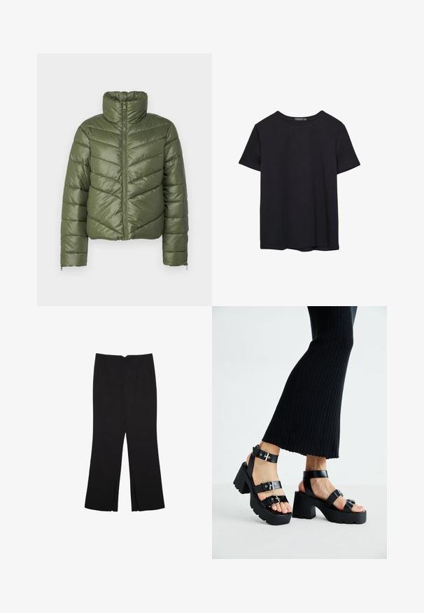 Olivengrøn pufferjakke med høj krave, frontlynlås og chevron-syninger. Den har elastiske manchetter og en cropped silhuet.; Simpel sort kortærmet bomulds T-shirt med rund hals, præsenteret på en hvid baggrund.; Sorte bukser med lige pasform, der har frontlommer og slidser i kanten. Lavet af blødt, glat stof. Velegnet til forskellige anledninger.; Sorte platfromsandaler med kraftige, skridsikre såler og flere stropper, der har metalspænder og en glat læderlignende tekstur.