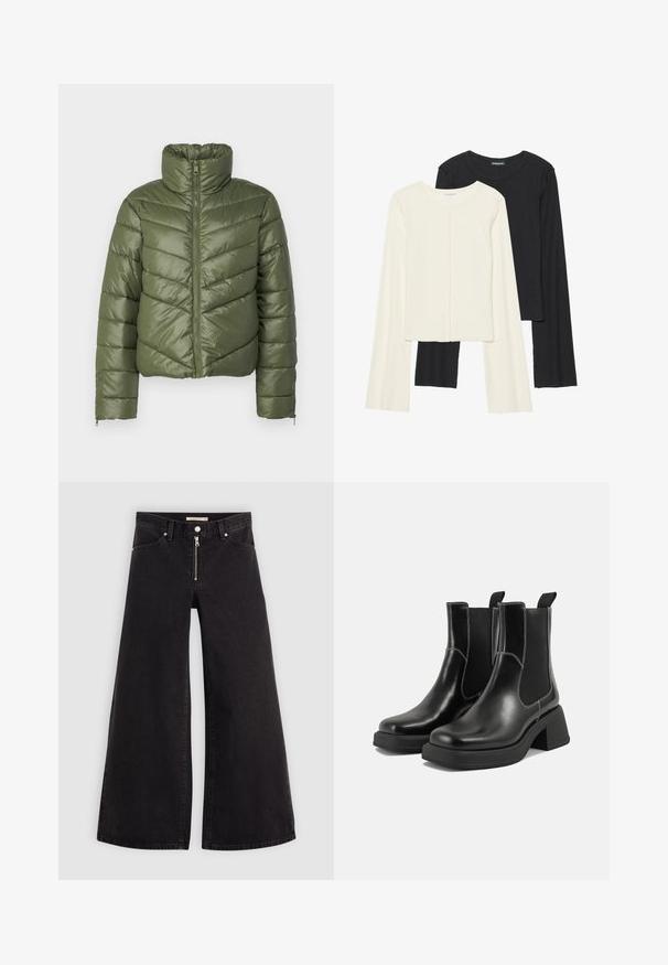 Casaco puffer verde-azeitona com gola alta, fecho frontal e costura em zigue-zague. Apresenta punhos elásticos e um corte cropped.; Conjunto de duas blusas de manga longa em branco e preto. Textura canelada, decote redondo, design ajustado com mangas ligeiramente evasê.; Calças de ganga de perna larga em denim preto com fecho éclair à frente, design de cinco bolsos e detalhes de costura subtil. Textura suave e estilo casual.; Botas Chelsea em couro preto com um salto grosso, painéis laterais elásticos e costura branca em contraste. Acabamento texturizado.
