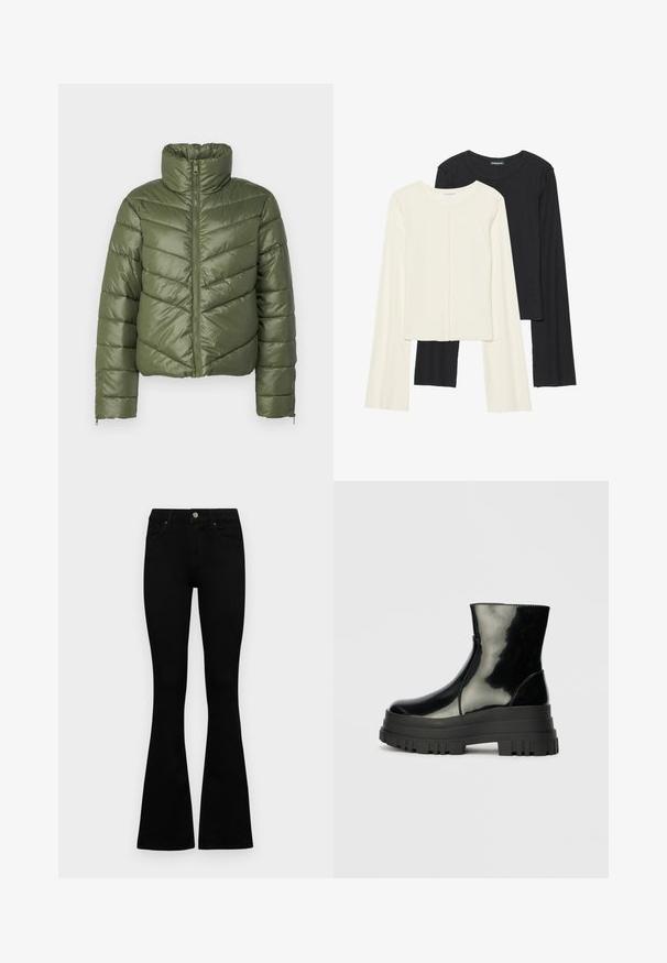 Jachetă pufos oliv cu guler înalt, fermoar frontal și cusături în formă de V. Are manșete elastice și un croi scurt.; Set de două bluze cu mâneci lungi, una albă și una neagră. Textură ribbată, decolteu rotund, design ajustat cu mâneci ușor evazate.; Jeans negri cu talie înaltă, cu închidere prin nasture și fermoar, buzunare frontale și picioare evazate, așezați pe un fundal alb.; Botine negre, lucioase, până la gleznă, cu talpă groasă și vârf rotund, vedere laterală pe un fundal gri deschis, simplu.