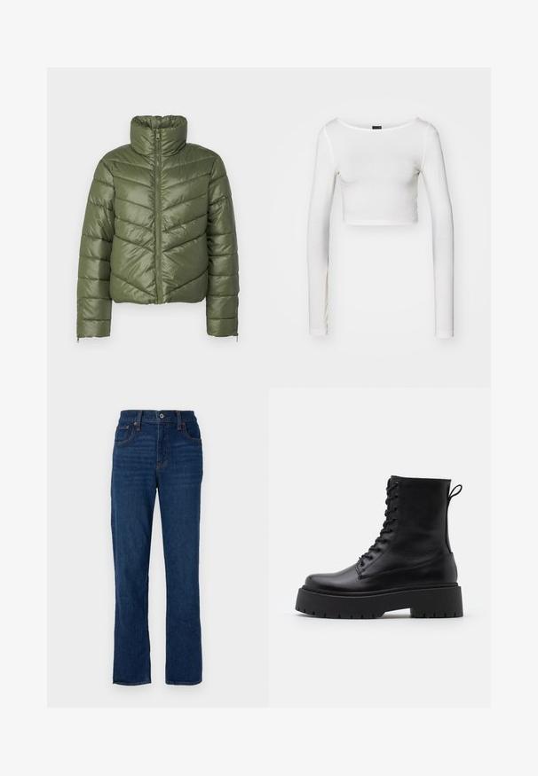 Olive green puffer jacket with a high collar, front zipper, and chevron stitching. Features elastic cuffs and a cropped silhouette.; Gina Tricot SOFT TOUCH CROPPED TOP - Long sleeved top - pristine; Dark blue denim straight-leg jeans with a five-pocket design, orange stitching, and a button closure at the waistband.; Black leather ankle boots with a round toe, lace-up front, and a thick rubber sole featuring a textured tread. Pull tab at the back.