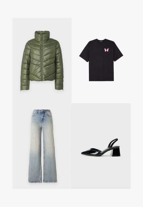 Chaqueta acolchada verde oliva con cuello alto, cremallera frontal y costuras en forma de chevron. Presenta puños elásticos y una silueta corta.; Camiseta de algodón negra de manga corta, con un pequeño gráfico de mariposa rosa en el lado izquierdo del pecho. Diseño de cuello redondo con un corte relajado.; Jeans de mezclilla de tiro alto y pierna ancha en color azul claro, con cinco bolsillos y costuras visibles a lo largo de las costuras.; Zapatos de tacón slingback de charol negro con punta afilada y tacón geométrico en bloque. Presentan un diseño elegante y minimalista, así como una textura suave.