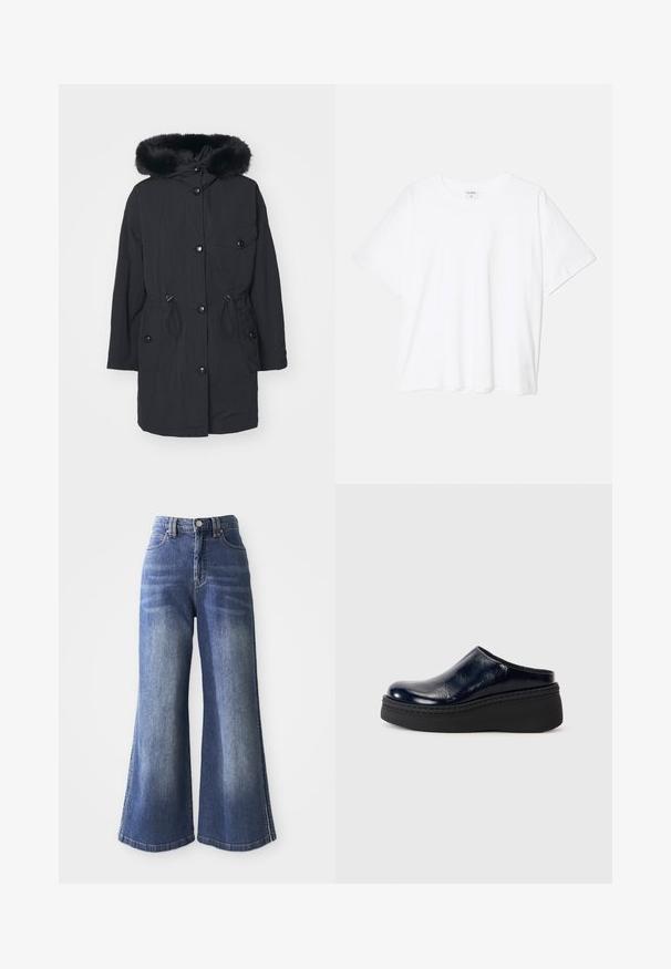 Črna parkica z umetnim krznom na kapuci, zadrgo na sprednji strani, klepnimi gumbi, pasom s povečavo in stranskimi žepi. Gladko, lahko blago.; Bela bombažna majica s kratkimi rokavi, okroglim izrezom, sproščenim krojem in šivanim robom. Oznaka vidna na notranji strani izreza.; Široke denim hlače v srednje modri barvi, z visokim pasom, dizajnom s petimi žepi in kontrastnim šivanjem ob robovih in straneh.; Mornarško modra lakasta klompa z gladko površino, ki ima debel črn platformski podplat in vidno šivanje ob osnovi.