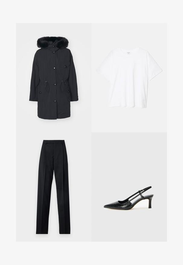 Melns parka ar mākslīgo kažokādu uz kapuces, ar priekšējo rāvējslēdzēju, spiedpogām, jostu ar regulējamu auklu un sānu kabatām. Gluda, viegla auduma struktūra.; Balta kokvilnas T-krekls ar īsām piedurknēm, apaļu dekoltē, brīva piegriezuma un šūtu apakšmalu. Etiķete redzama iekšējā kakla daļā.; Melnas bikses, izgatavotas no gludas auduma, ar augstu vidukli, platiem bikšu galdniekiem, priekšējiem krokām un klasiskām jostu cilpām. Sānu kabatas nav redzamas.; Melna patent āda ar slīdošo papēdi un smailo purngalu, ar teksturētu čūsku drukājumu, regulējamu siksniņu un īsu teksturētu blokpapēdi.