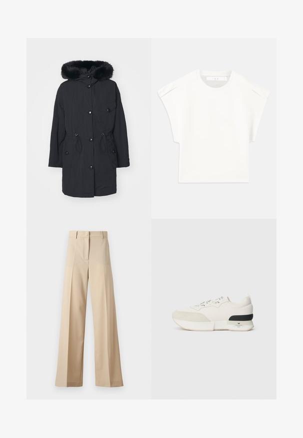 Črna parkica z umetnim krznom na kapuci, zadrgo na sprednji strani, klepnimi gumbi, pasom s povečavo in stranskimi žepi. Gladko, lahko blago.; Bela boxasta majica s kratkimi rokavi. Narejena iz gladkega materiala, z okroglo ovratnikom in diskretnimi poudarki na ramenih. Preprost dizajn.; Beige široke hlače iz gladkega materiala, z ravnim odprtjem spredaj in naborki, z vodilom na zadrgo in zankami za pas. Prilagojen kroj.; Bela športna obutev z teksturiranim nubukom na vrhu prstov, gladkim mrežastim zgornjim delom, okrasnimi vezalkami in črnim gumijastim poudarkom na peti.