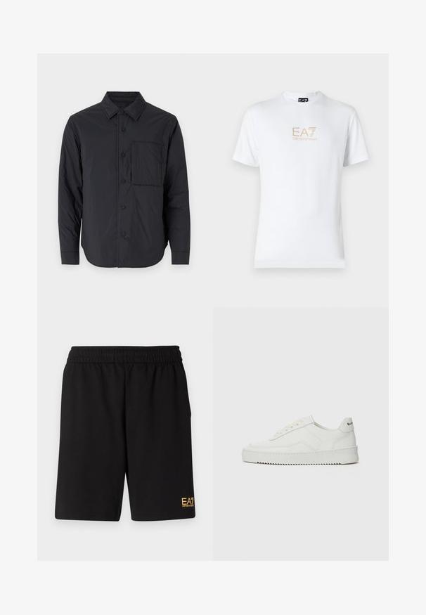 Cămașă neagră ușoară, cu nasturi, cu guler ascuțit, mâneci lungi și un singur buzunar pe piept, având un model texturat.; Tricou alb din bumbac, cu guler rotund și mâneci scurte, având un logo auriu EA7 Emporio Armani imprimat pe față.; Shorts atletici negri dintr-un material moale, având o talie elastică și un mic logo galben EA7 pe partea inferioară a piciorului stâng.; Sneakers din piele albă cu un finisaj neted, vârf rotund, șireturi plate și o talpă texturată. Prezintă un logo subtil pe călcâi.