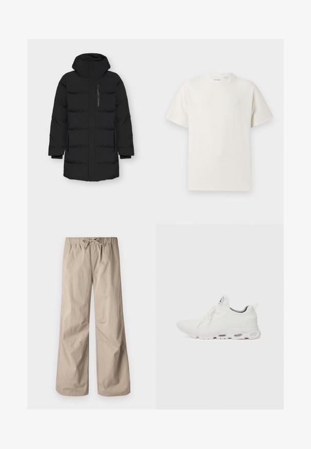 Casaco puffer preto com gola alta e fecho éclair na frente. Apresenta bolsos laterais, uma textura suave e um design acolchoado com secções almofadadas.; T-shirt branco de manga curta em textura canelada. Gola redonda, ajuste descontraído, sem padrões ou detalhes visíveis. Design simples e versátil.; Calças largas bege com cintura elástica e cordão. Textura suave, dois bolsos laterais e costuras mínimas para um ajuste descontraído.; Ténis atléticos brancos com um superior em malha texturizada, atacadores planos e uma sola acolchoada com câmaras de ar visíveis para maior suporte.