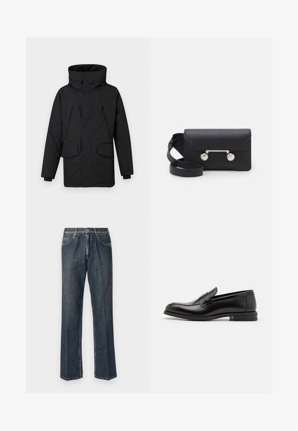 Black insulated parka with a high collar, two front pockets, zip and snap closure, and a smooth, textured fabric.; Navy blue short-sleeve T-shirt with white text "neanche per sogno" centered on the chest, crew neck, medium size.; Dark blue straight-leg denim jeans with front button, zip fly, double front pockets, and visible vertical creases down the legs.; Black leather loafers with a smooth texture, rounded toe, and a decorative strap across the vamp. Low stacked heel, minimalist design.; Black leather crossbody bag with a flap closure, silver-tone hardware, and two round accents. Features a detachable strap. Smooth texture.