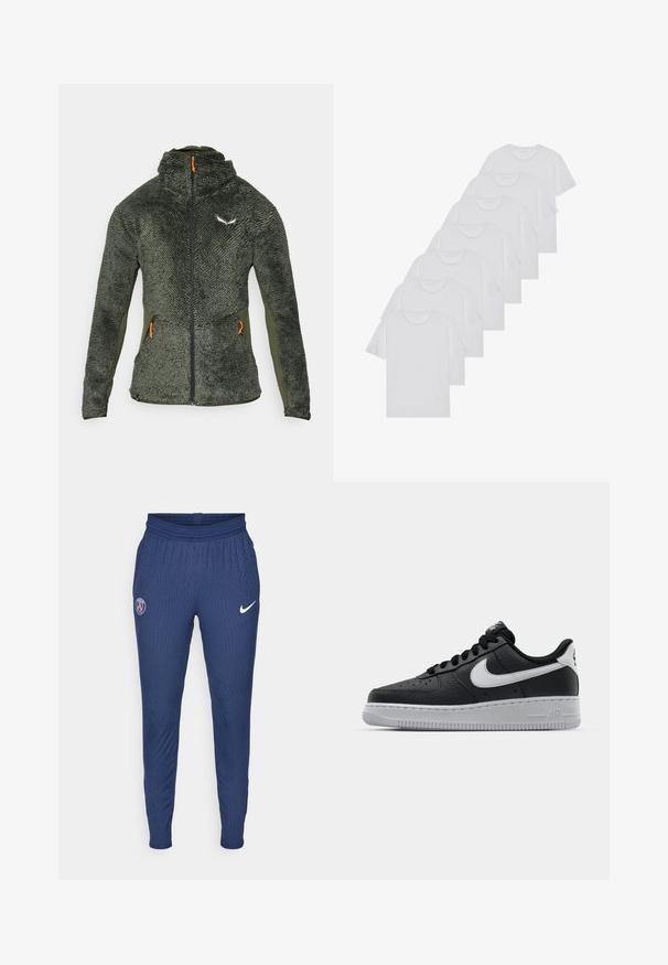 Jachetă din fleece verde, cu o suprafață texturată, guler înalt, fermoar complet și cursorii de fermoar portocalii. Prezintă un logo pe partea superioară stângă a pieptului.; Tricouri din bumbac albe, cu mâneci scurte, design cu guler rotund, textură simplă, așezate într-un rând, cu o marcă subtilă la guler.; Pantaloni sportivi navy dintr-un material texturat, cu un logo Paris pe coapsa stângă și un swoosh alb Nike pe partea dreaptă.; Sneaker din piele neagră, cu o suprafață texturată, swoosh alb de la Nike, talpă gri, bot rotund și sistem de șireturi. Prezintă perforații în zona vârfului.