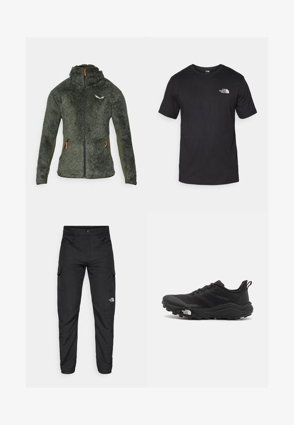 Grønn fleecejakke med teksturert overflate, høy krage, hel glidelås og oransje glidelåsgrep. Har en logo på øvre venstre bryst.; Svart kortermet t-skjorte laget av bomull, med rund hals og en liten hvit logo på øvre venstre brystområde.; The North Face HORIZON PANT - Friluftsbukser - black; Svart terrengløpesko med teksturert overdel, gummisåle og forsterket tåhette. Har polstret krage og løftestropp for enkel påkledning.
