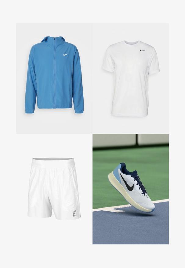 Light blue Nike windbreaker jacket with a hood, front zip closure, long sleeves, and a small white logo on the left chest area.; White short-sleeve t-shirt made of smooth fabric. Features a round neck and a small black Nike logo on the left chest.; White athletic shorts made of lightweight fabric with an elastic waistband, featuring two side pockets and a small black logo on the hem.; White athletic shoe with navy accents, a breathable upper, textured sole, and a light blue heel, displaying a sleek, modern design.