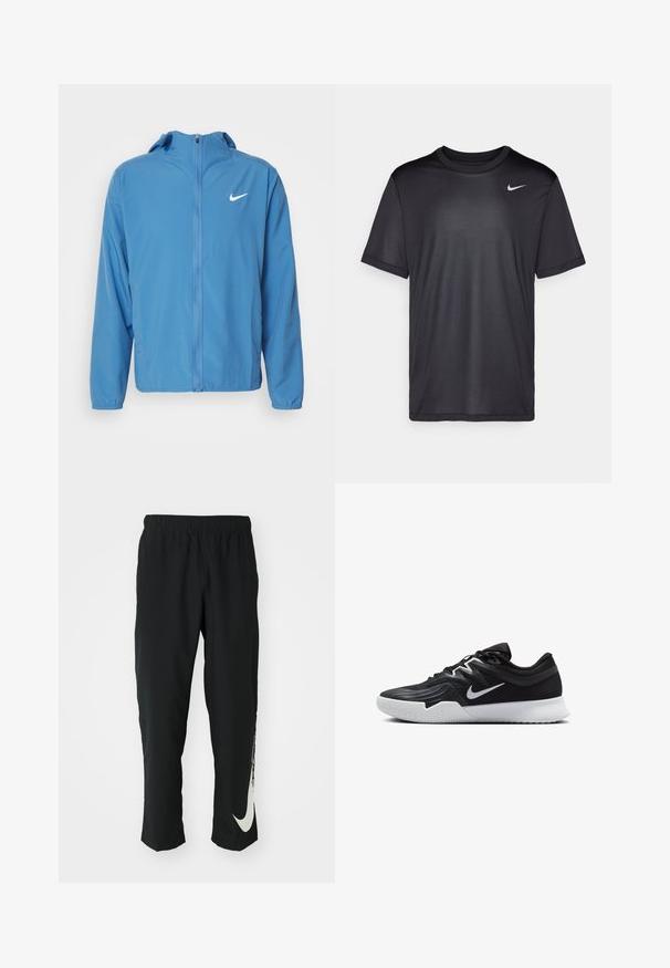 Lyseblå Nike vindjakke med hætte, frontlynlås, lange ærmer og et lille hvidt logo på venstre brystområde.; Sort atletisk T-shirt med korte ærmer, rund hals, lavet af glat stof. Har et lille hvidt Nike-logo på øverste venstre side.; Sorte træningsbukser med elastisk talje, der taper ind, og har et stort hvidt Nike-logo på venstre ben. Blødt, letvægtsstof.; Sort atletiksko med en tekstureret overdel, hvid Nike swoosh og en hvid gummisål. Har en snørret design og dynamisk form.