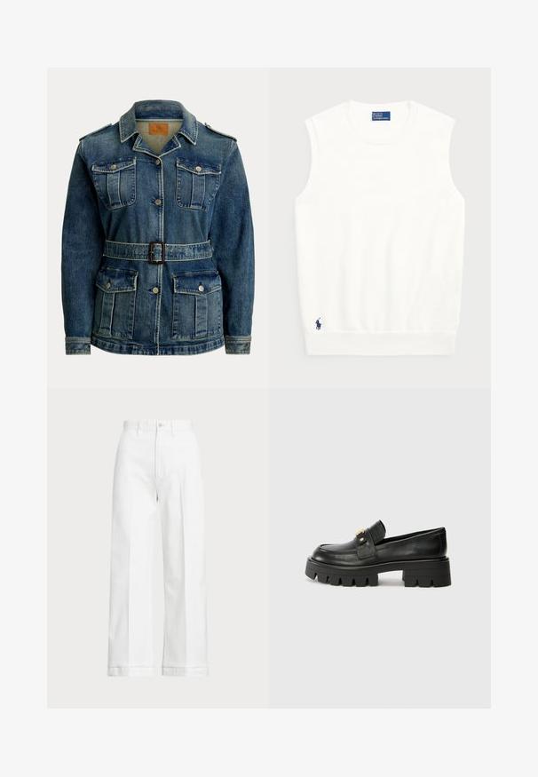 Jachetă din denim de culoare albastră medie, cu talie înfășurată, patru buzunare, închidere cu butoane pe față și epoleți pe umeri. Textură netedă cu cusături contrastante.; Pulover alb fără mâneci, realizat din bumbac moale, cu un tiv crenelat și un mic logo bleumarin în colțul din stânga jos. Design simplu, fără modele.; Pantaloni albi, cu picioare largi și talie înaltă, având închidere cu nasture și detalii de cusătură subtile. Fabricat din bumbac cu o textură netedă.; Mocasini negri din piele cu o talpă groasă, având un accent aurit în față și un finisaj neted. Design cu ștanțare groasă pe talpă.