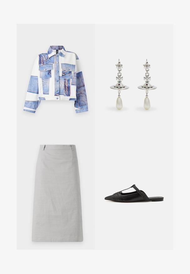 Trumpu švarkas su džinsinio rašto dizainu, penkiomis kišenėmis, sagčių uždarymu ir kontrastingomis baltomis audinio detalėmis. Dominuoja mėlyni atspalviai.; Balta ilgomis rankovėmis marškiniai su prigludusia išvaizda. Yra didelis apykaklė, priekinis užsegimas su rudais mygtukais ir mažas siuvinėtas logotipas.; Pilka pieštuko sijonas su lygiu paviršiumi, priderinta forma ir plokščiu juosmeniu, turintis šoninius siūlus ir be matomų raštų ar akcentų.; Juodos odinės slingback bateliai su smailiu pirštu, turintys audinį akcentą ir raukšlėtą viršutinį dizainą. Lygus padas su minimaliais aksesuarais.; Sidabrinės auskarai su apvaliu žiedu, papuošti spindinčiomis akmenimis ir ašarėlės formos perlo pakabučiu. Išskirtinis dizainas su rafinuotais akcentais.