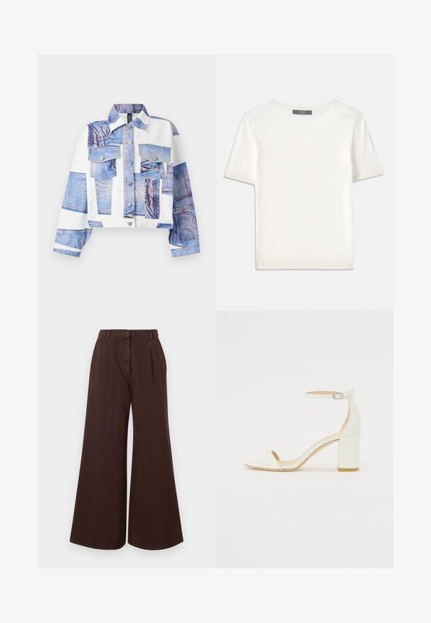 Zkrácená bunda s potiskem denim, se pěti kapsami, knoflíkovým zapínáním a kontrastními bílými látkovými panely. Dominují modré odstíny.; Bílý pletený top s krátkým rukávem a kulatým výstřihem, s hladkou strukturou a jemnými ribovými akcenty na rukávech a lemu.; Hnědé kalhoty s vysokým pasem, širokými nohavicemi, zapínáním na knoflík a zip, poutky na pásek a předními sklady.; Bílé kožené sandály na blokovém podpatku s ankle strapem a přezkou, minimalistický design. Otevřená špička a hladké textura po celém povrchu.