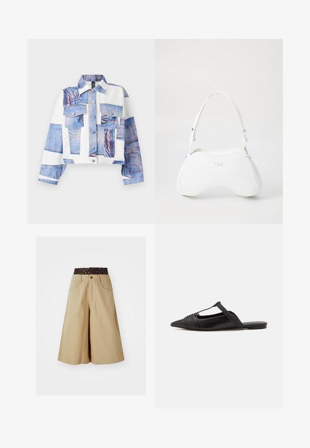 Kurtka ar džinsu rakstu, ar piecām kabatām, pogu aizdari un kontrastējošām baltām auduma daļām. Dominē zili toņi.; Brūns garo piedurknu kropts topiņš, izgatavots no gludas materiāla, ar apaļu kakla izgriezumu un pieguļošu dizainu. Nav redzamu rakstu vai akcentu.; Khaki šorti ar platajām kājām un leoparda printa jostu. Iespējamās priekšējās kabatas un pogu aizdare. Gluda, teksturēta auduma.; Melnas ādas slingback kurpes ar norādītu purngali, kurām ir austoša akcenta un krokota augšdaļa. Plakana zole ar minimālu aparatūru.; Balta rokassoma ar gludu, spīguļojošu virsmu, izliekta forma un viena regulējama siksna. Tam ir uzspriegots logotips priekšpusē.