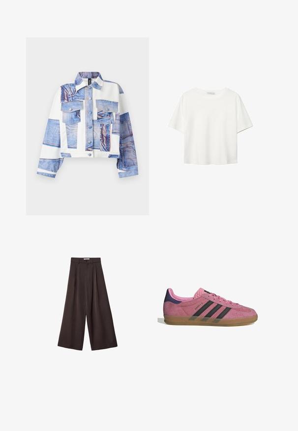 Lyhyttakki, jossa on denimmallinen design, viisi taskua, napituskirjaus ja kontrastivalkoiset kangaspaneelit. Siniset sävyt hallitsevat.; Valkoinen lyhythihainen T-paita, joka on tehty puuvillasta. Siinä on pyöreä kaula-aukko ja rento malli. Silkkinen pinta ilman näkyviä kuvioita tai koristeita.; Mustat leveät housut, joissa on korkea vyötärö, etupleikkuilla ja nappikiinnityksellä vyötäröllä, valmistettu sileästä kankaasta.; Vaaleanpunaiset mokkanahkakengät mustilla raidoilla, kumipohjalla ja teksturoidulla purppurakorkealla. Varustettu nauhakiinnityksellä ja kohokuvioidulla brändäyksellä sivussa.