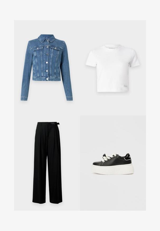 Világoskék farmerdzseki, hegyes gallérokkal, két mellzsebbel, ezüstszínű kiegészítőkkel és rövidített fazonnal, varrott részletekkel.; Fehér, rövid szabású, sima pamut póló, magas nyakkivágással és rövid ujjakkal. Kicsi hímzett logó az alsó sarokban.; Fekete, bő szárú nadrág magas derékkal, elöl pliszírozva, és csattal ellátott övvel. Simább, könnyű anyagból készült.; Fekete bőr sneaker vastag, fehér bordázott talppal, fehér fűzőkkel és díszes masni akcentussal a nyelvén.