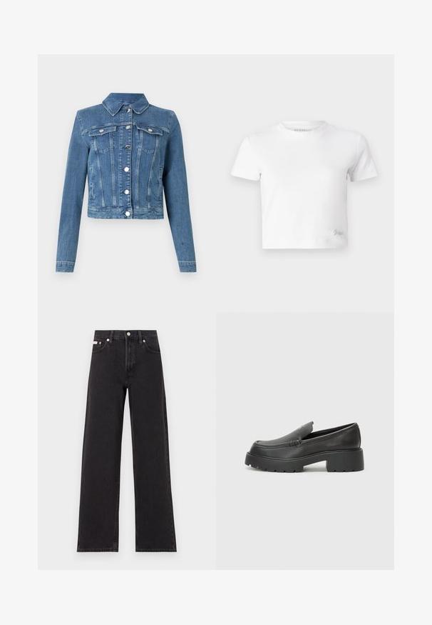 Denim jacket in light blue, featuring a pointed collar, two chest pockets, silver hardware, and a cropped fit with stitched detailing.; White cropped t-shirt made of smooth cotton, featuring a high neckline and short sleeves. Small embroidered logo in the bottom corner.; Black wide-leg jeans made of denim, featuring a high-rise waist, five-pocket styling, and a metal button closure with contrasting stitching.; Black leather loafers with a rounded toe, thick textured sole, and minimal stitching details. Sleek design with no visible laces or hardware.