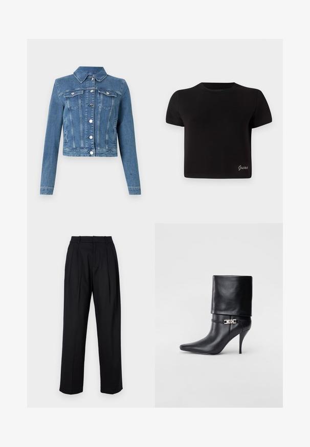 Džínová bunda ve světle modré barvě, s špičatým límcem, dvěma náprsními kapsami, stříbrnými doplňky a zkráceným střihem se šitými detaily.; Černé tričko s krátkým rukávem z bavlny. Má kulatý výstřih a malé stříbrné logo "Guess" v dolním levém rohu.; Černé kalhoty s přizpůsobeným designem, vysokým pasem, sklady a rovnými nohavicemi. Vyrobené z hladké látky s jednou barvou.; Černé kožené kotníkové boty s špičatou špičkou, vysokým stiletto podpatkem, ohrnovací manžetou a zlatým ozdobným přezkovým detailem na kotníku.