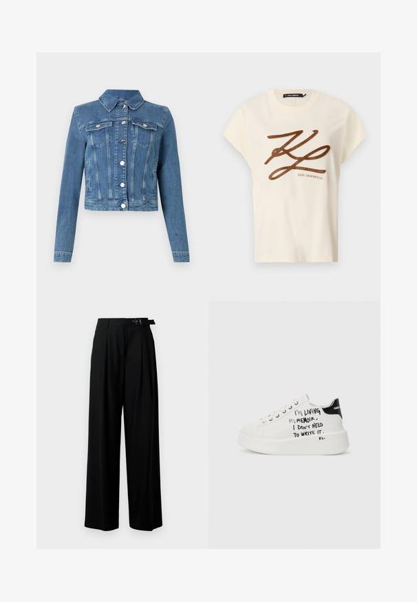 Denim jacket in light blue, featuring a pointed collar, two chest pockets, silver hardware, and a cropped fit with stitched detailing.; Cream-colored cotton t-shirt with short sleeves, featuring a brown embroidered logo and script design on the front.; Black wide-leg trousers with a high waist, pleats at the front, and a belt featuring a buckle. Made from smooth, lightweight fabric.; White platform sneakers with black accents, featuring a textured sole and handwritten text on the sides. Smooth leather material.