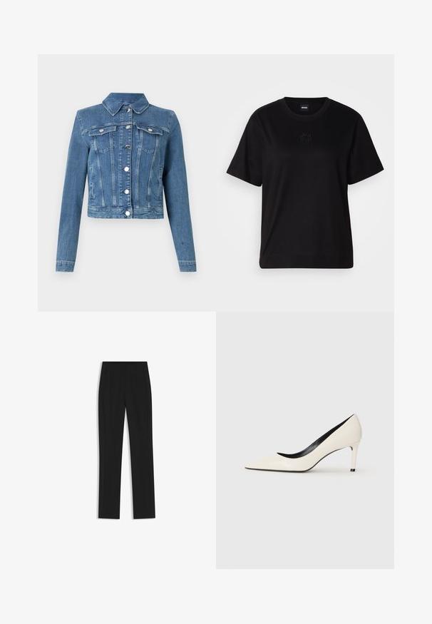 Denim jacket in light blue, featuring a pointed collar, two chest pockets, silver hardware, and a cropped fit with stitched detailing.; Black cotton t-shirt with a crew neckline, short sleeves, and an embroidered logo on the chest. Simple, relaxed fit with no patterns.; Black tailored trousers with a straight-leg design, featuring front pockets and a smooth, textured fabric. Neat, minimal detailing.; White patent leather high-heeled pump with a pointed toe, slim heel, and black interior detailing. Smooth texture and sleek design.