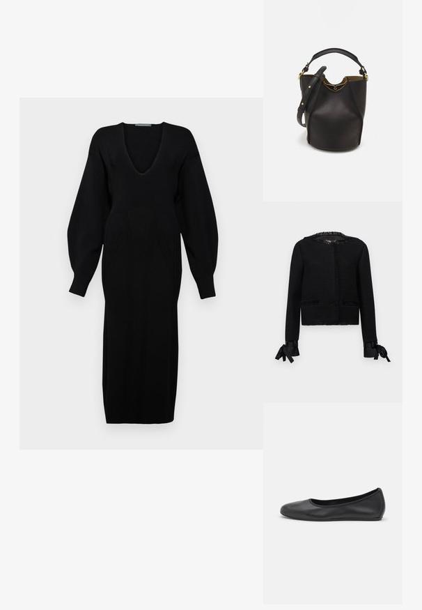 Černá texturovaná bunda s třásněmi na výstřihu a manžetách. Obsahuje stuhové vázání na koncích rukávů a dvě přední kapsy. Střední délka.; Černé pletené šaty s hlubokým výstřihem do V, dlouhými objemnými rukávy a detaily textura na živůtku.; Černé kožené baletní byty s kulatou špičkou, hladkou texturou, minimálními švy a flexibilním designem podrážky.; Černá kožená kabelka ve tvaru vědra s texturovaným povrchem, zlatými kovovými akcenty a otevřeným vrchem. Obsahuje krátkou rukojeť a nastavitelný ramenní popruh.